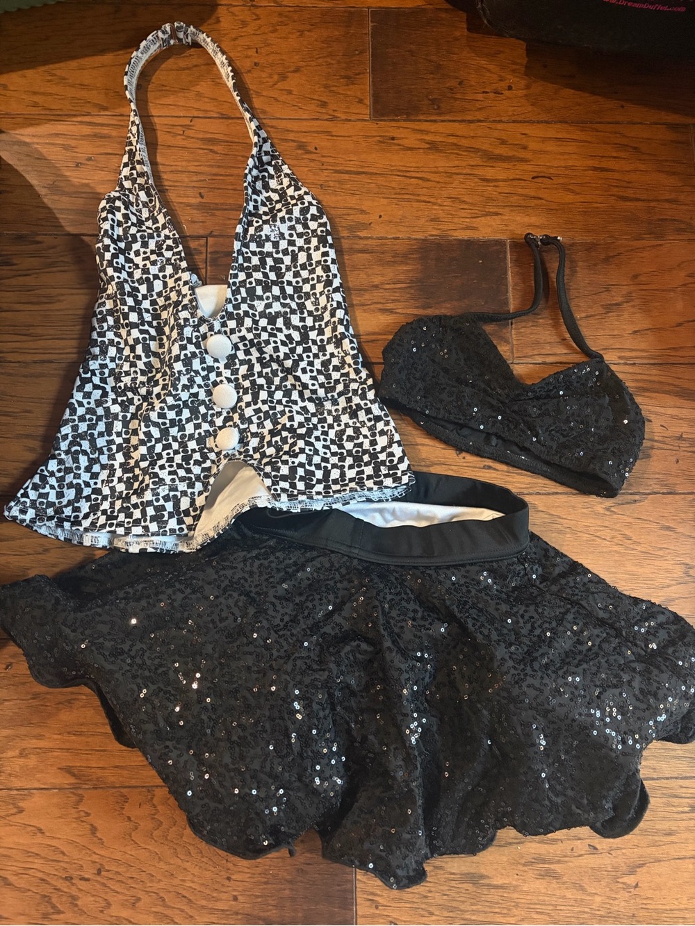 Kids Black Sequin Dance Set with Patterned Halter Top